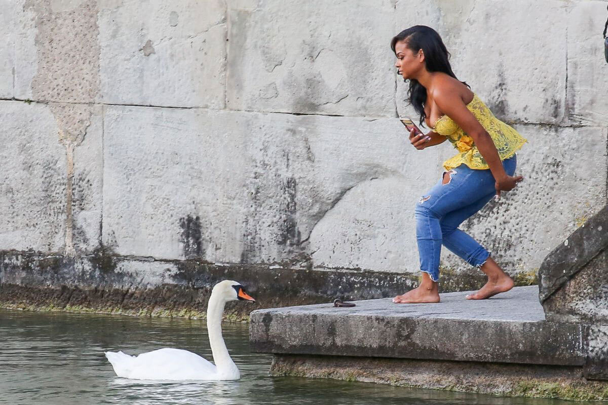Christina Milian comes head to head with a swan in Zurich 8