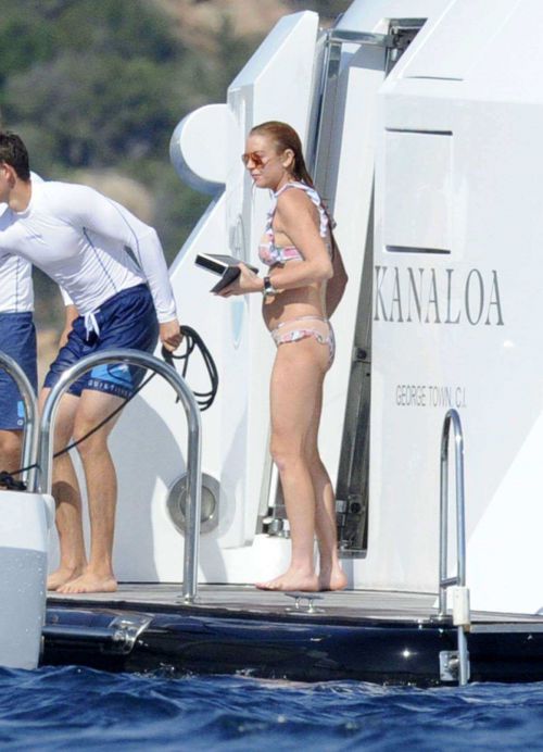 Lindsay Lohan Wears Floral Bikini While Yachting in Sardinia