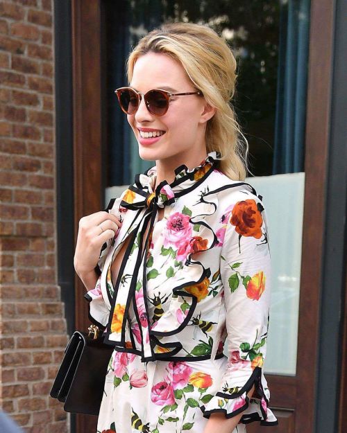 Margot Robbie in printed dress out in New York