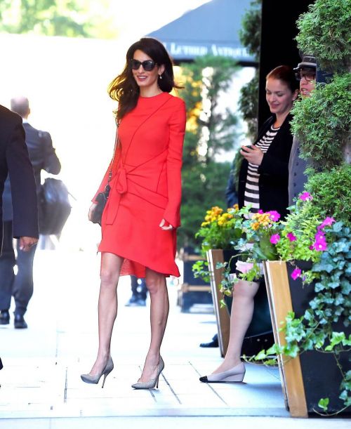 British Lawyer Amal Clooney Stills Red Dress Out in Manhattan 10