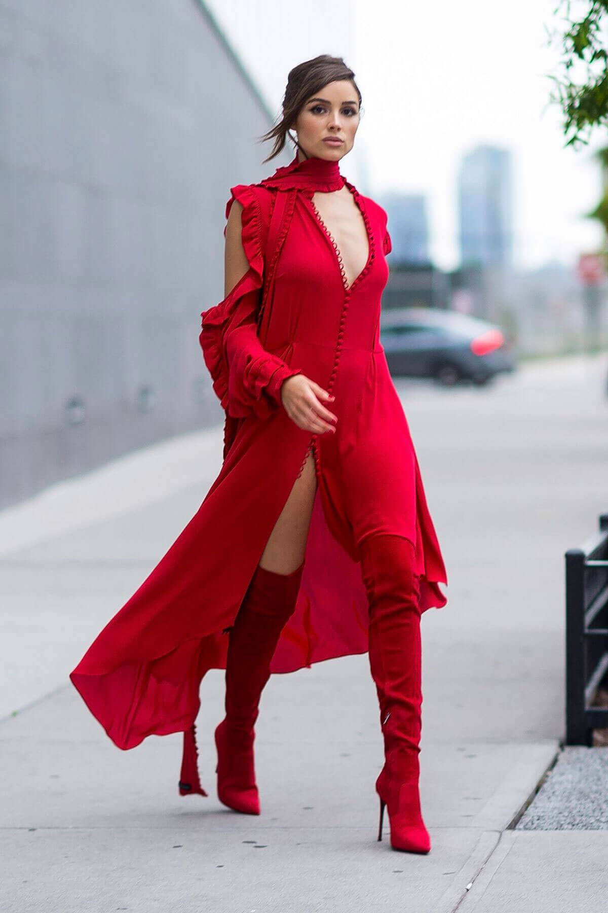Olivia Culpo Wearing Red Dress Out and About in Long Island