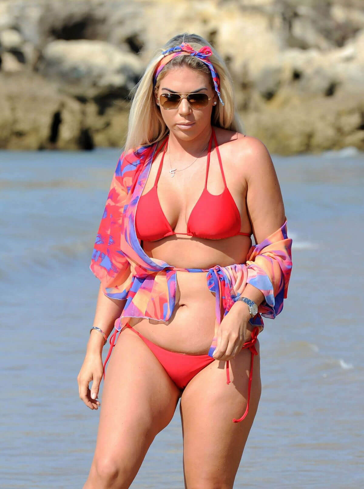 Frankie Essex wears red bikini at Beach in Portugal