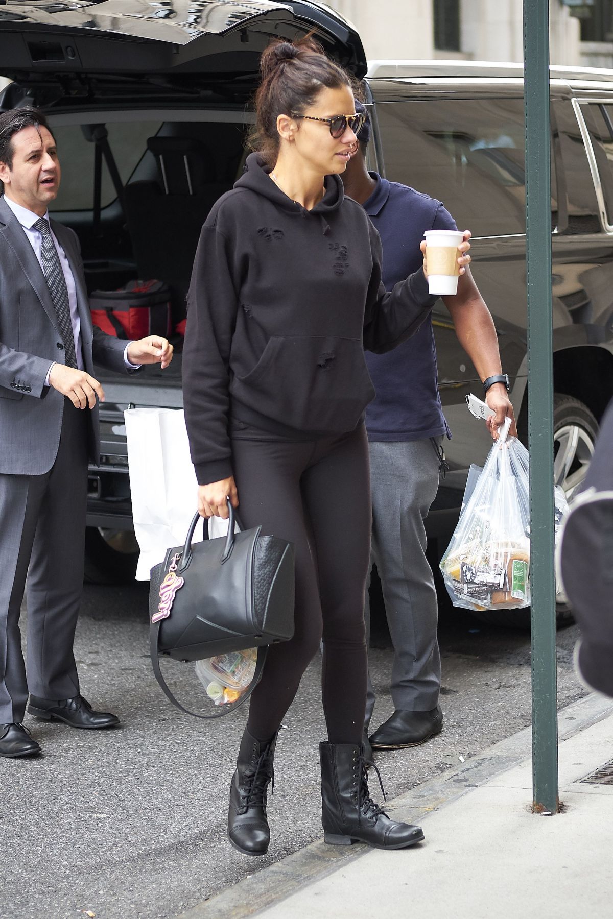Adriana Lima wears Black Sweater & Jeggings at Her Hotel in New York
