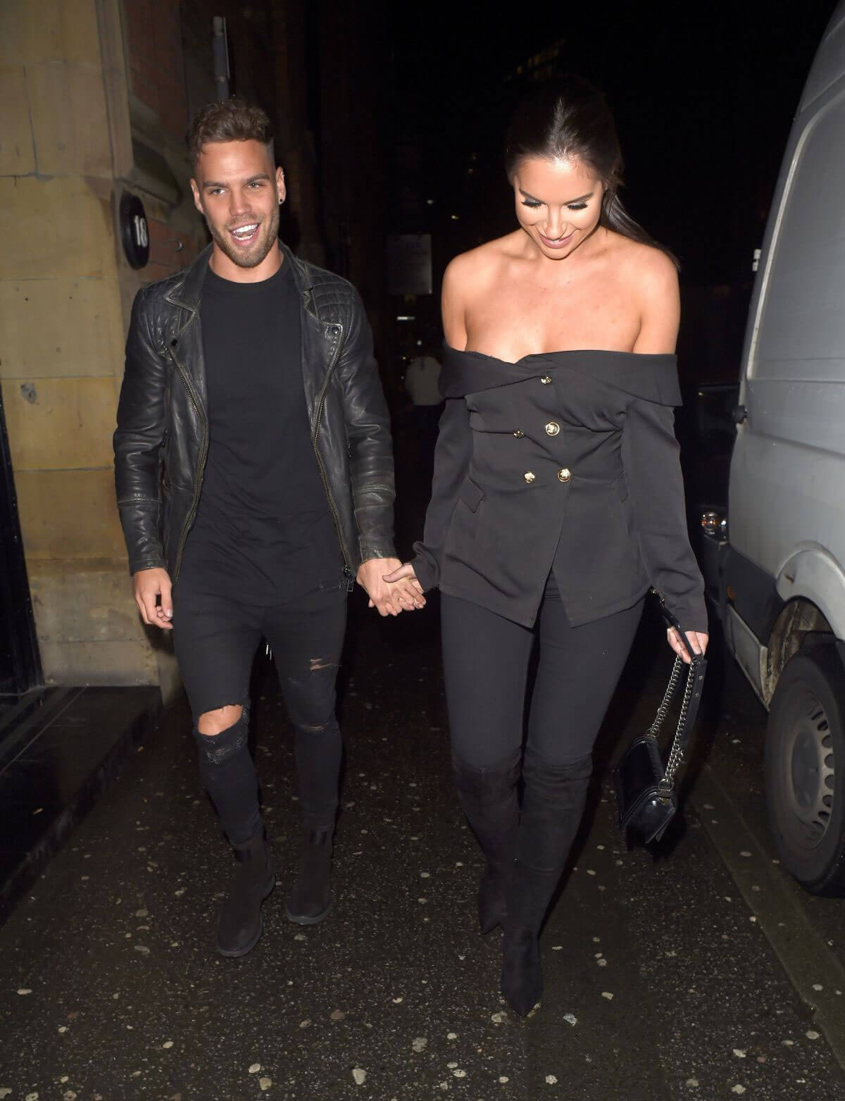 Jessica Shears wears Off Shoulder Dress at Smoke House Cellar Bar and Restaurant in Manchester