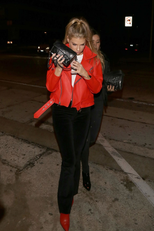 Charlotte McKinney wears Red Leather Jacket and White Tee Leaves Craig