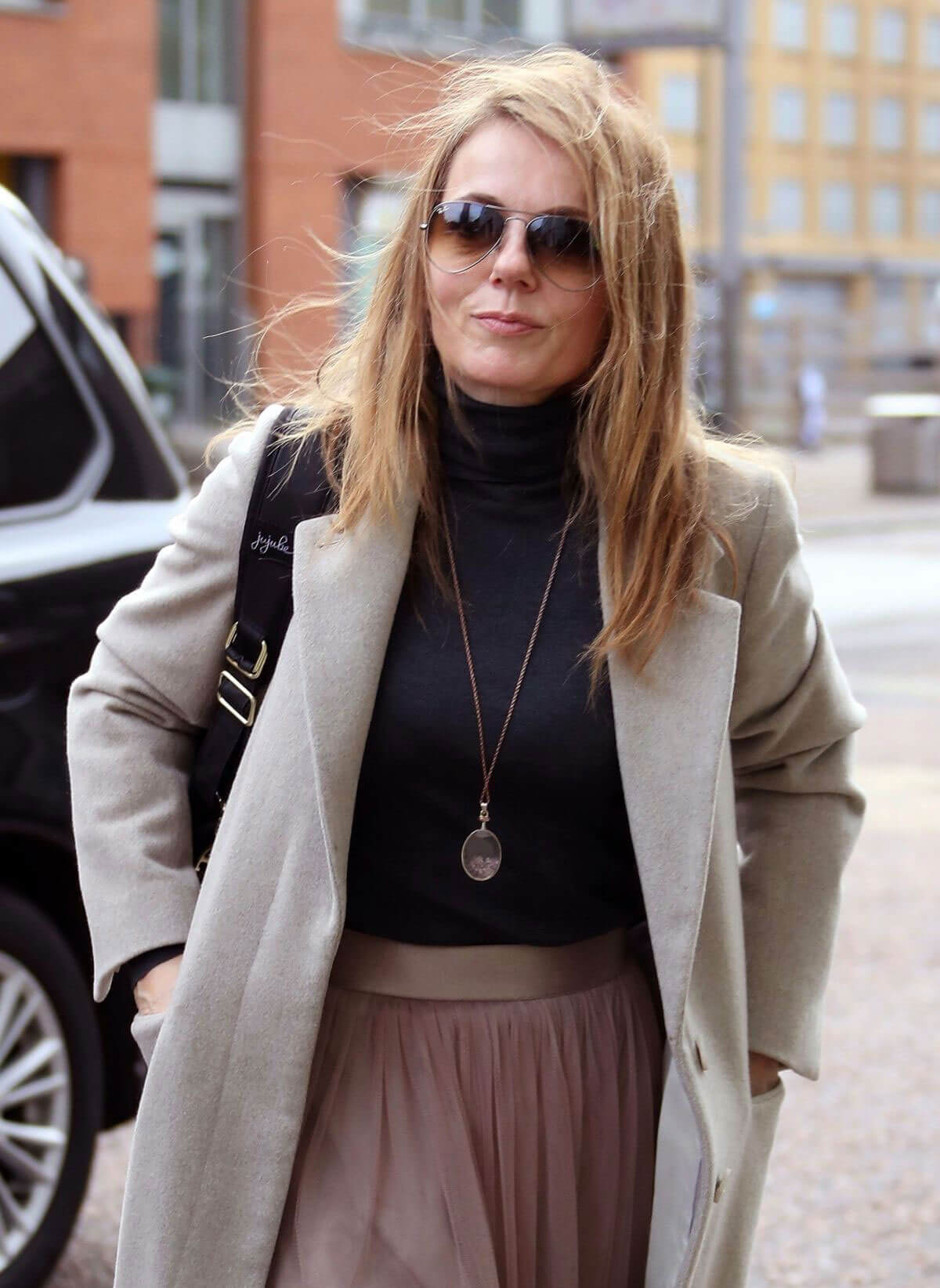 Geri Horner wears Long Winter Coat Leaves ITV Studios in London