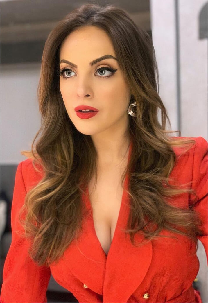 Elizabeth Gillies in Red Lip Look with Red Outfit on December 07, 2018