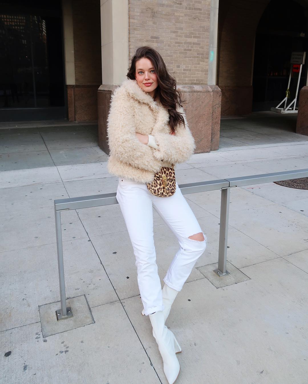 Emily DiDonato in Faux Fur Jacket and White Ripped Jeans - January 26, 2019