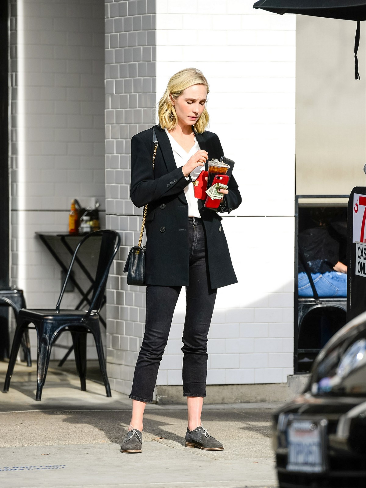 Candice King seen in Black Suit with ankle pants out in Los Angeles 2020/01/30