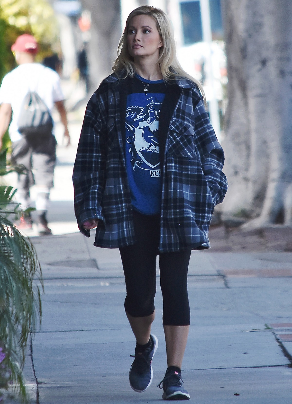 Holly Madison in checked jacket with tights out for a walk in Studio City 2020/03/23