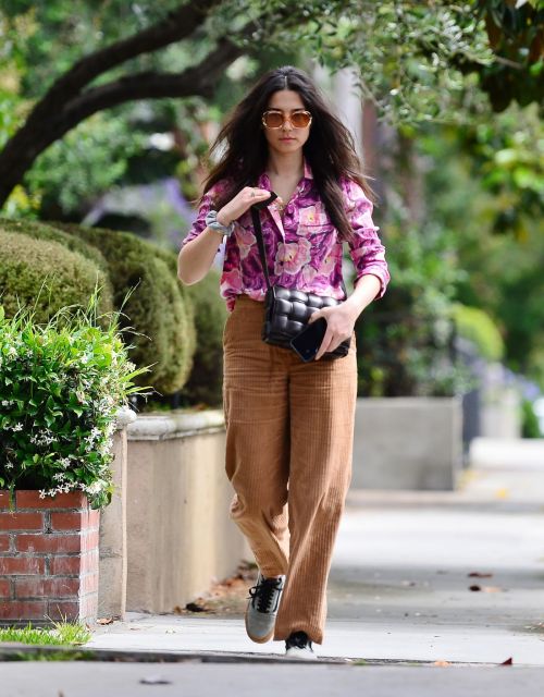 Jessica Gomes in Floral Purple Shirt Out and About in Los Angeles 2020/06/02