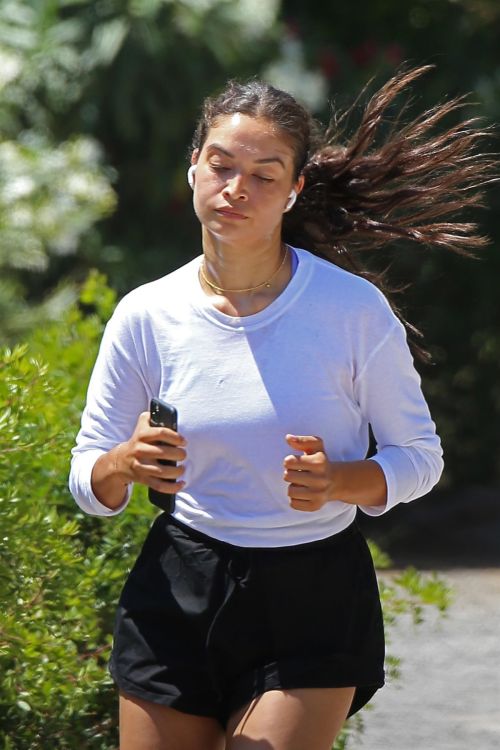 Shanina Shaik in White Full Sleeve Top and Black Shorts During Jogging 2020/06/02