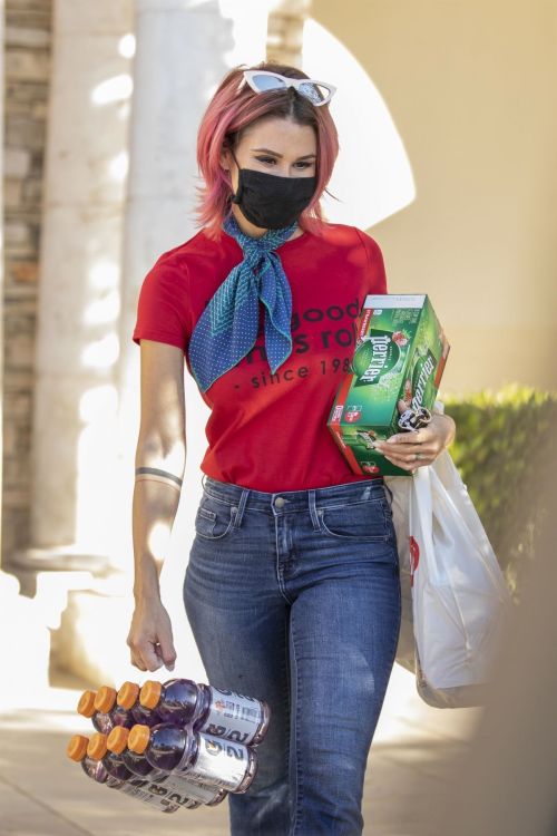 Brittany Furlan in Red and Blue Outfit Out Shopping in Los Angeles 2020/10/28