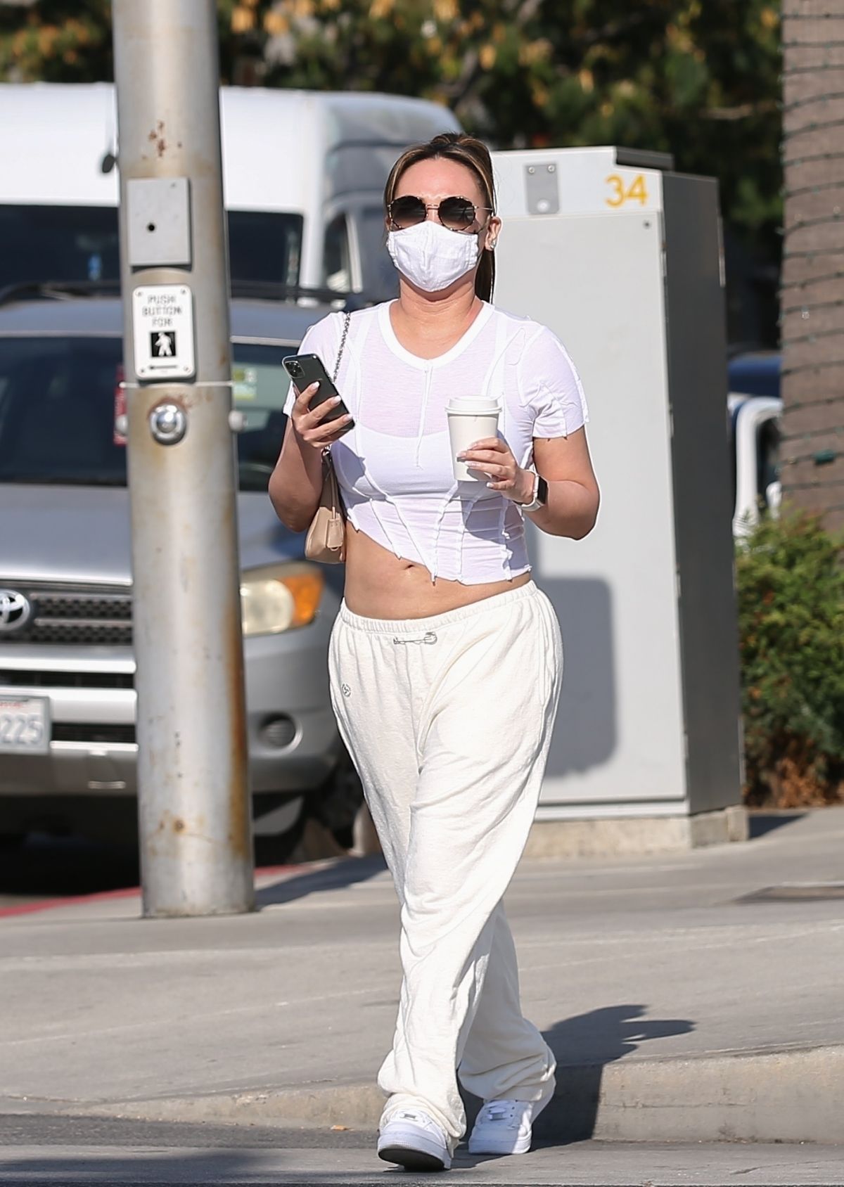 Dorothy Wang in White Stylish Top and Bottom Out for Coffee in Beverly Hills 2020/10/28