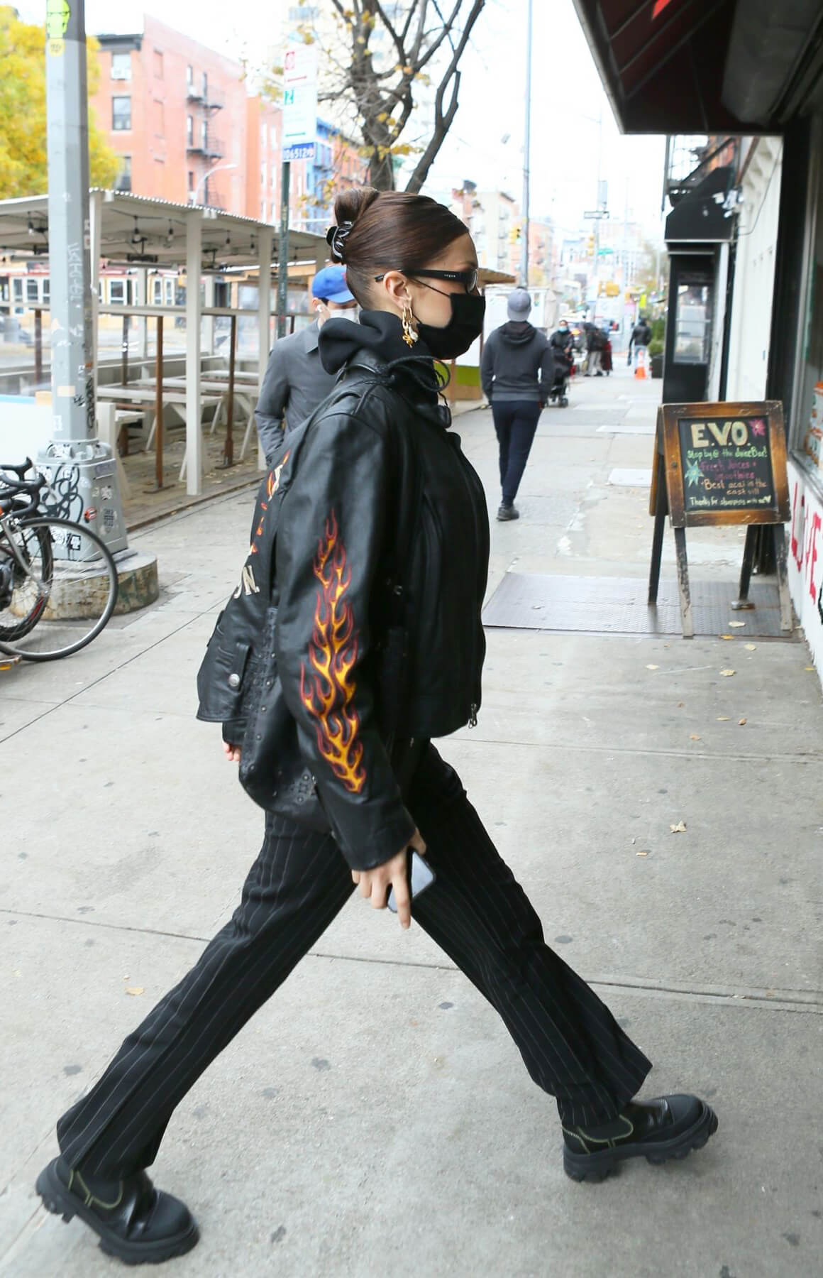 Bella Hadid in Black Fire Print Jacket leaves a Supermarket in New York 12/01/2020