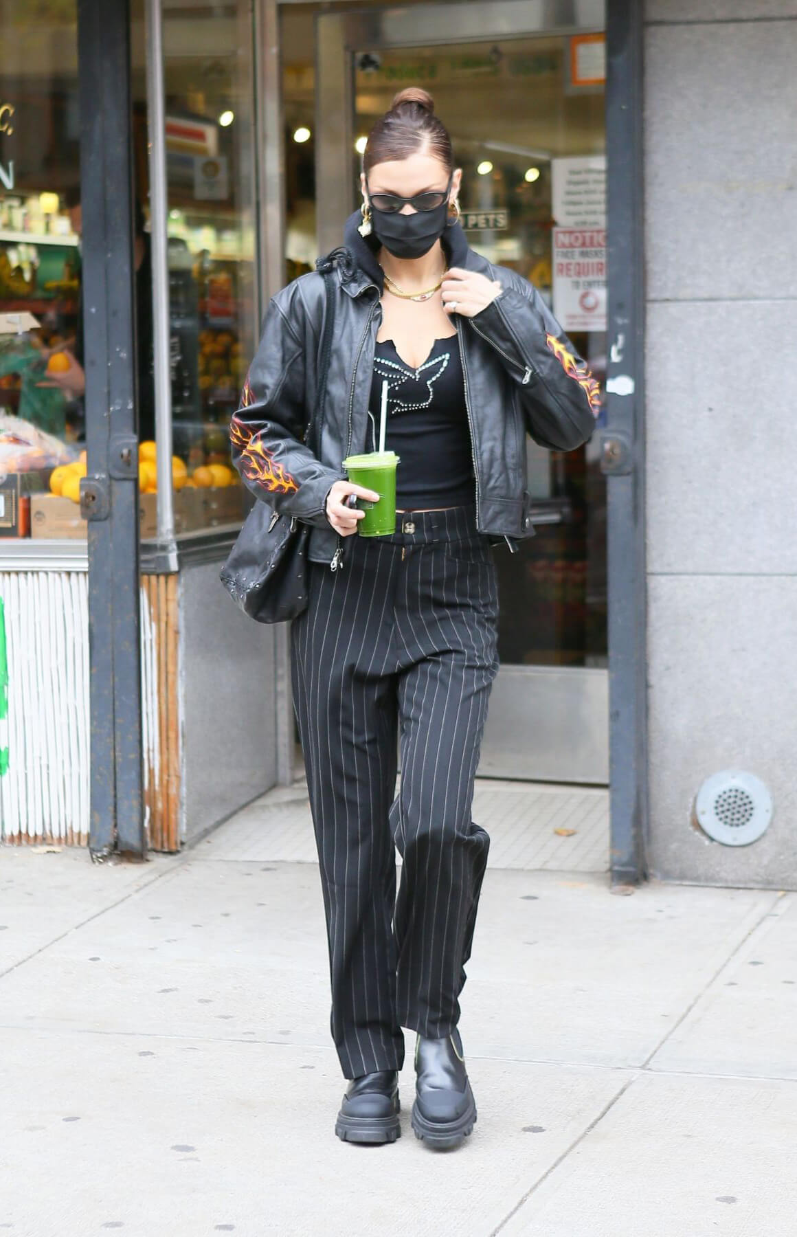 Bella Hadid in Black Fire Print Jacket leaves a Supermarket in New York 12/01/2020 6