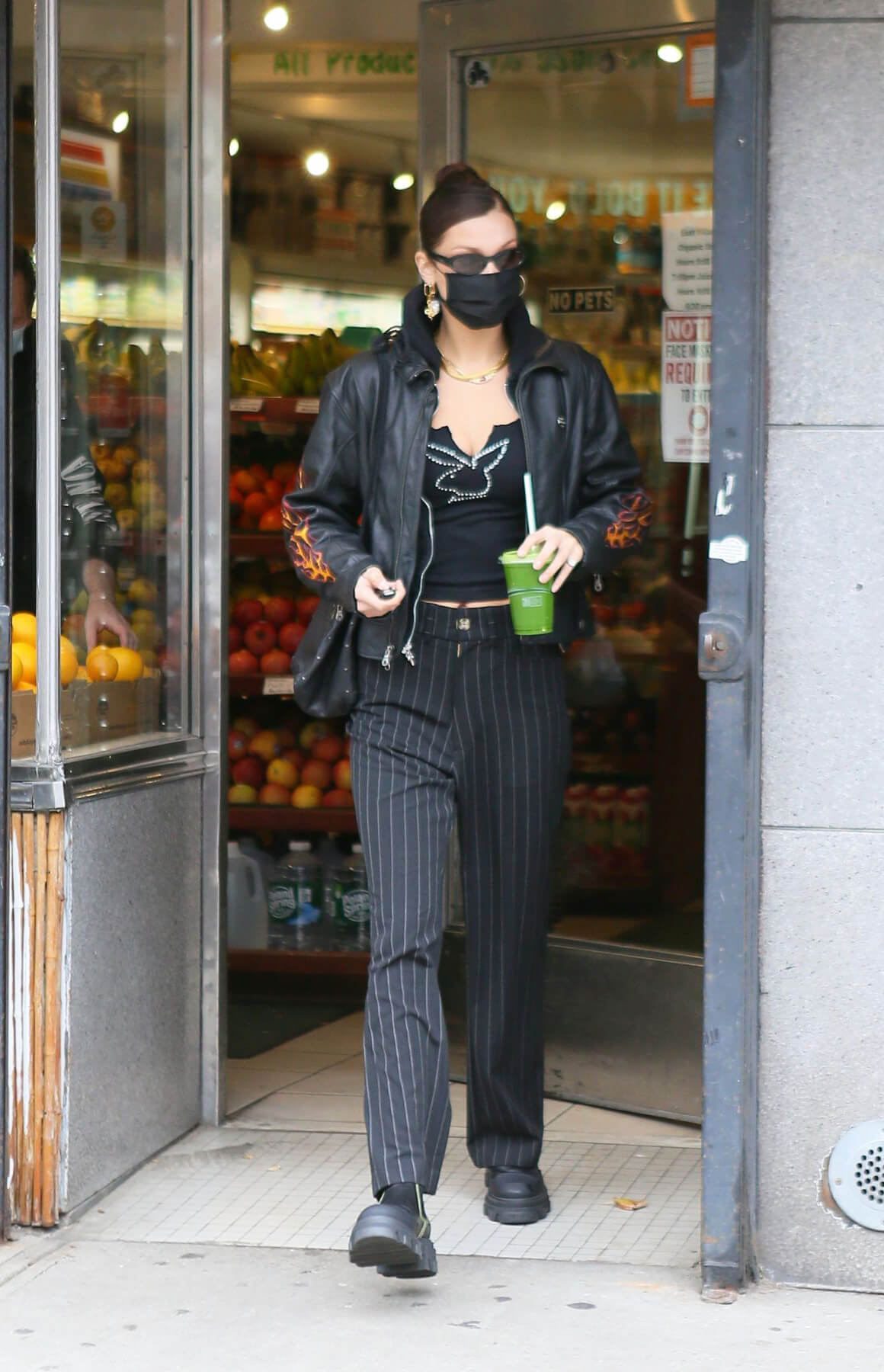 Bella Hadid in Black Fire Print Jacket leaves a Supermarket in New York 12/01/2020 2