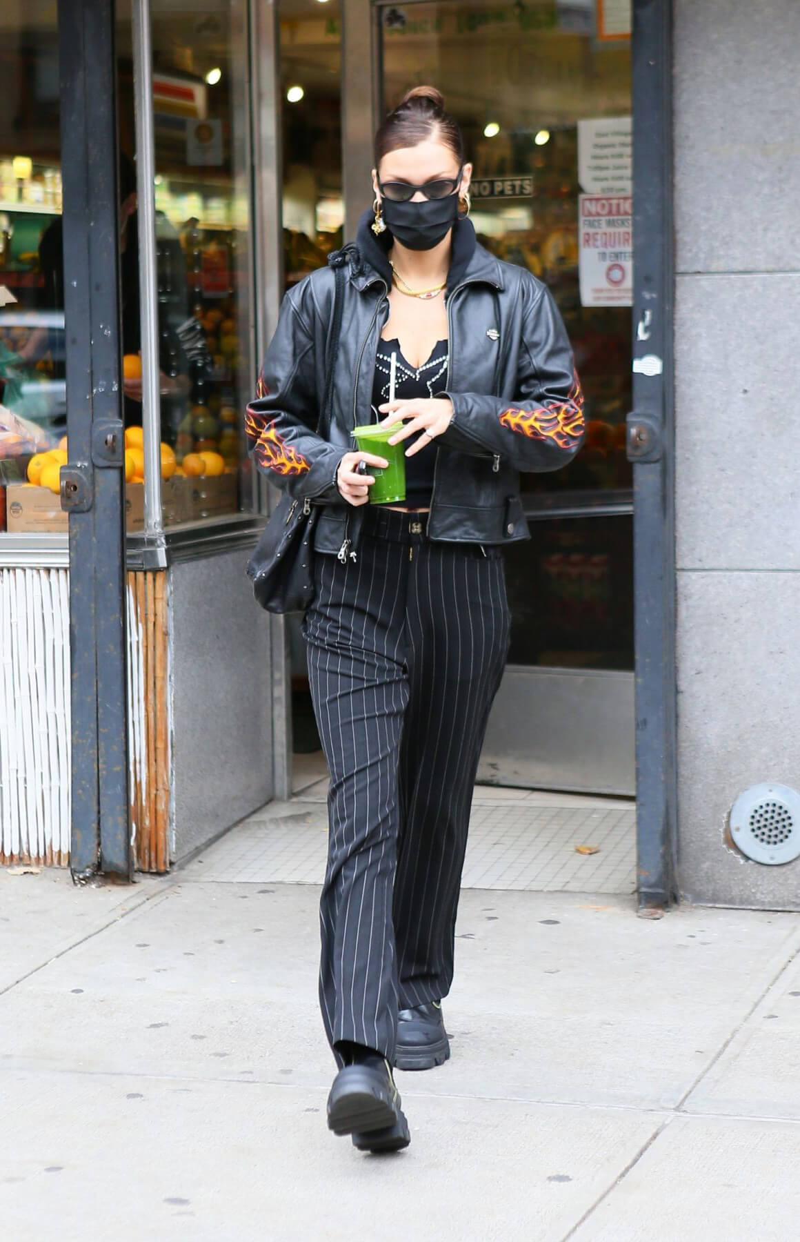 Bella Hadid in Black Fire Print Jacket leaves a Supermarket in New York 12/01/2020 9