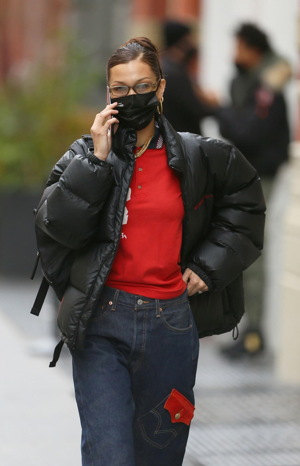 Bella Hadid in Puffer Jacket with Red T-Shirt Out Shopping in New York 12/02/2020