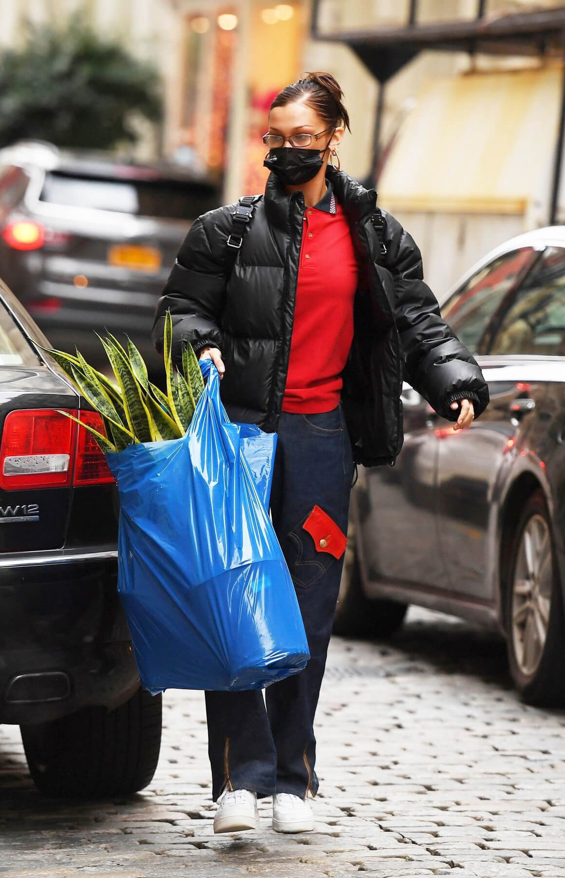 Bella Hadid in Puffer Jacket with Red T-Shirt Out Shopping in New York 12/02/2020 2