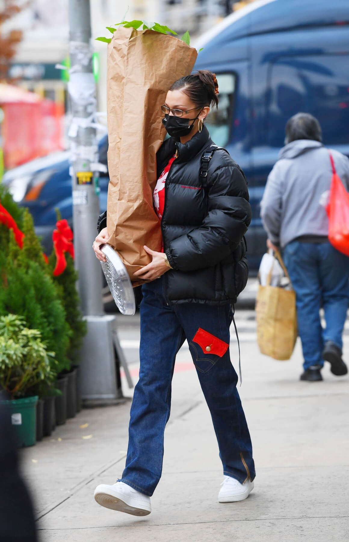 Bella Hadid in Puffer Jacket with Red T-Shirt Out Shopping in New York 12/02/2020 3
