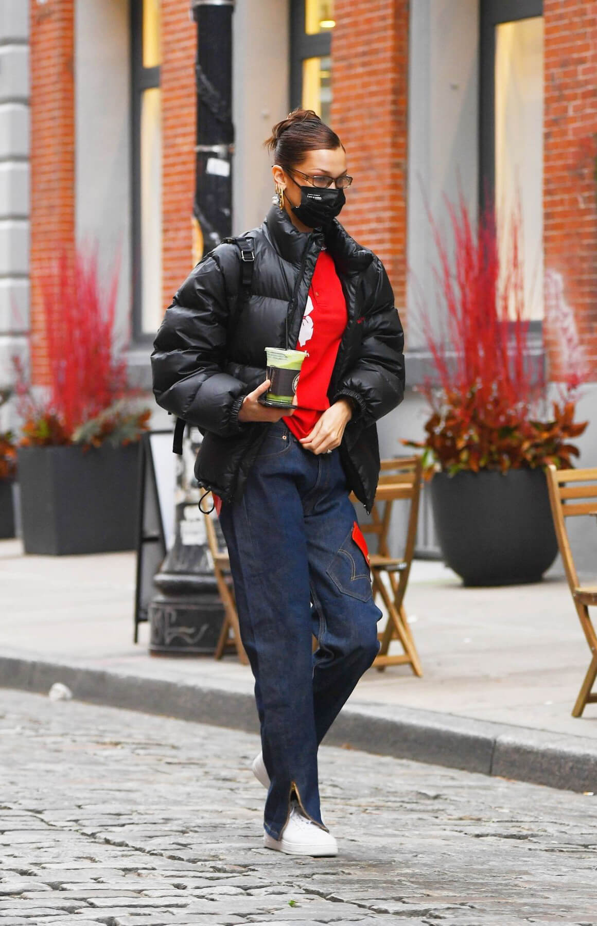 Bella Hadid in Puffer Jacket with Red T-Shirt Out Shopping in New York 12/02/2020 11