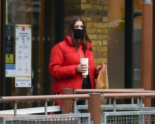 Imogen Thomas seen in Red Puffer Jacket at McDonalds in Chelsea 12/03/2020
