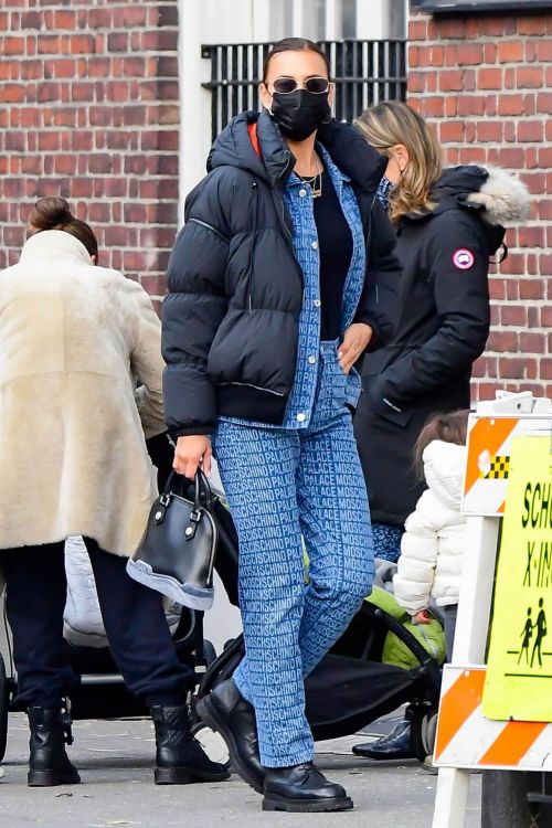Irina Shayk seen in Black Puffer Jacket with Blue Outfit Out in New York 12/02/2020