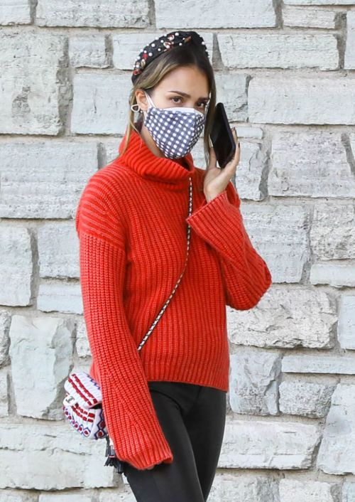 Jessica Alba in Red High Neck Sweater Out for Christmas Shopping at Target in Hollywood 12/04/2020