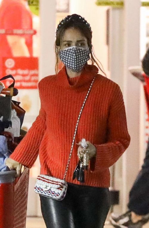 Jessica Alba in Red High Neck Sweater Out for Christmas Shopping at Target in Hollywood 12/04/2020 2