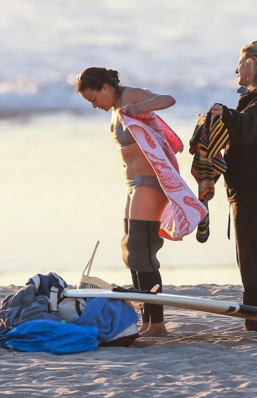 Michelle Rodriguez in Grey Bikini Surfing in Malibu 12/03/2020 10