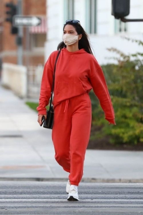Olivia Munn seen in Red Sweatsuits Set Out and About in Santa Monica 11/24/2020 3