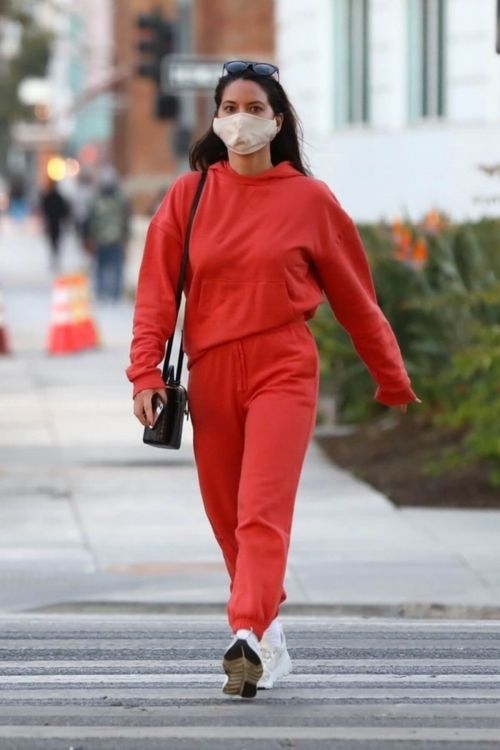 Olivia Munn seen in Red Sweatsuits Set Out and About in Santa Monica 11/24/2020 5