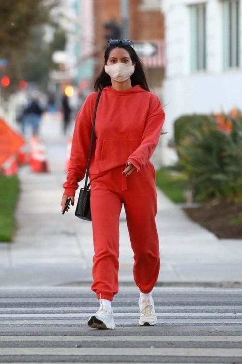 Olivia Munn seen in Red Sweatsuits Set Out and About in Santa Monica 11/24/2020 7
