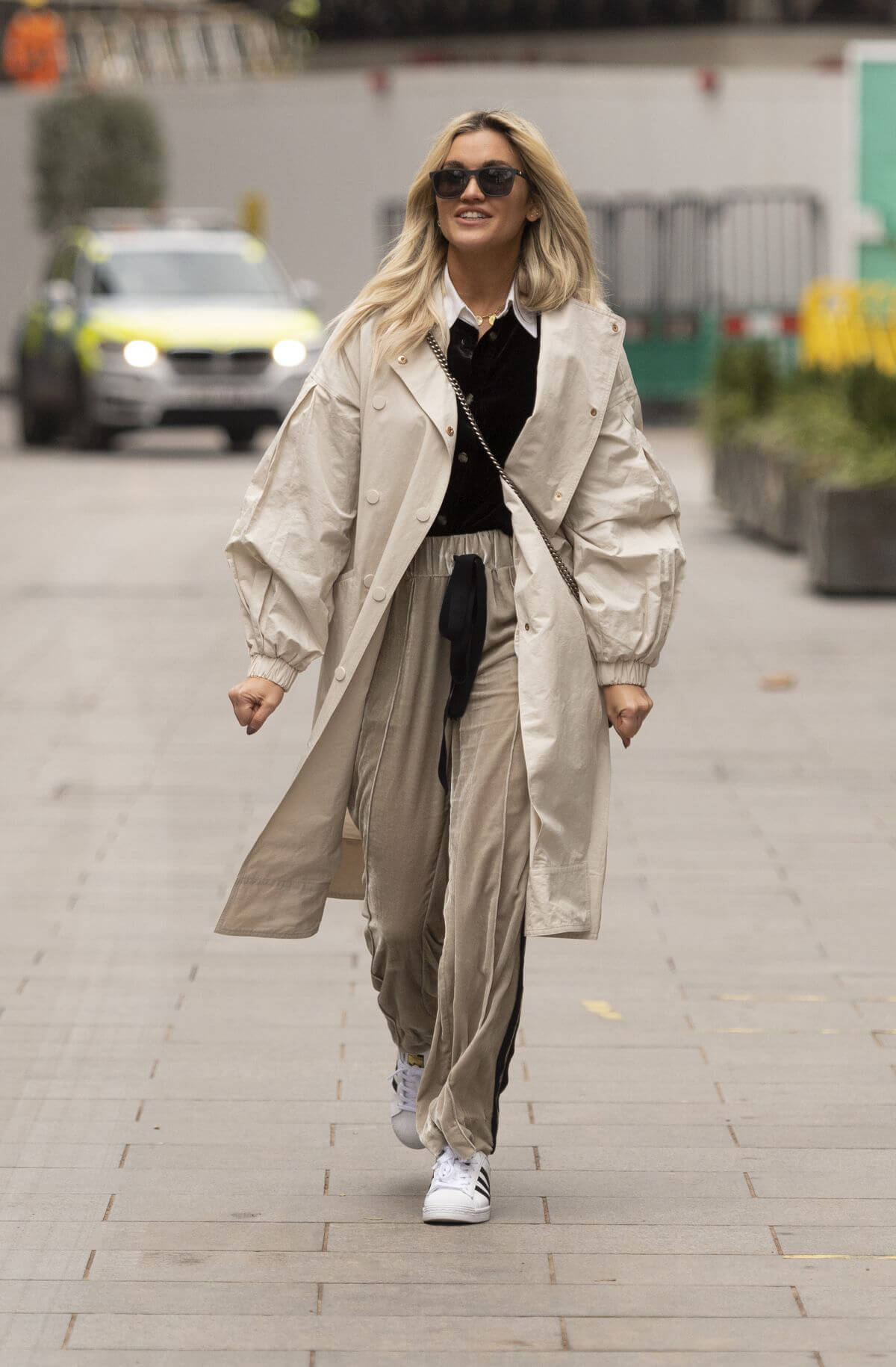 Ashley Roberts Leaves Heart FM in Overlong Coat with tracksuit bottoms in London 02/11/2021