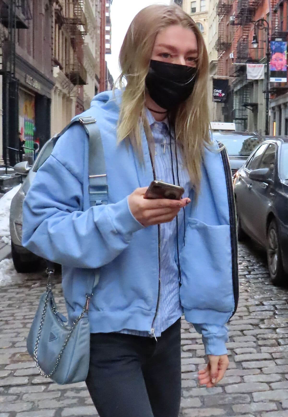 Hunter Schafer in Light Blue Jacket Out and About in New York 02/11/2021 1