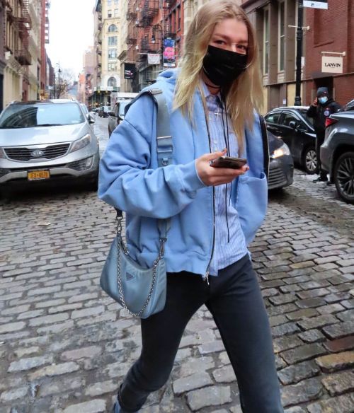 Hunter Schafer in Light Blue Jacket Out and About in New York 02/11/2021 2