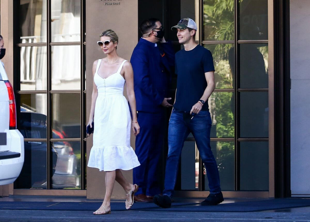 Ivanka Trump in White Dress and Jared Kushner Leaves Her Property in Miami, Florida 02/09/2021