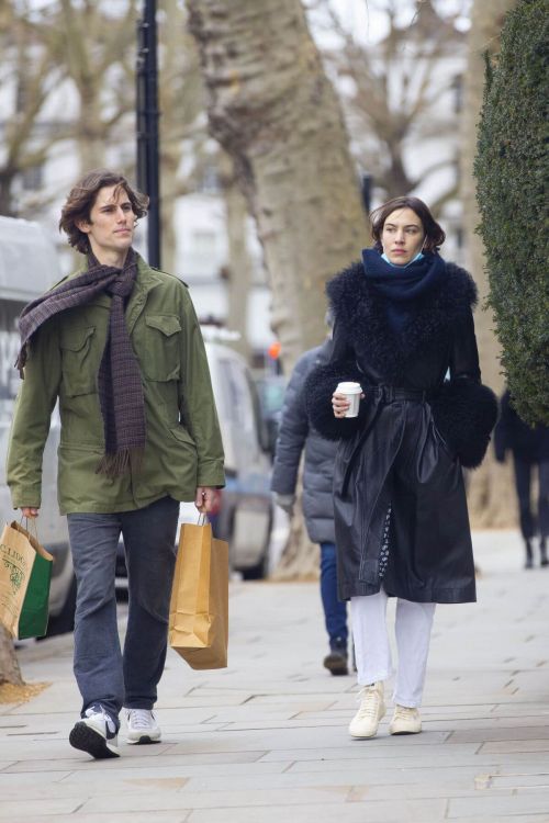 Alexa Chung in Leather Coat with her boyfriend Orson Fry Out in London 03/13/2021 2