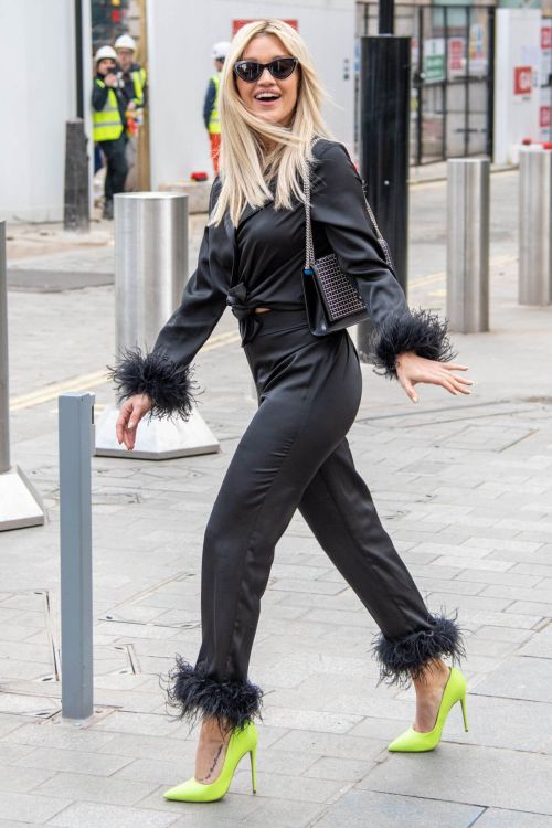 Ashley Roberts in Satin Pajama Suit and Neon Green Heels as She Leaves Heart FM Radio in London 03/15/2021