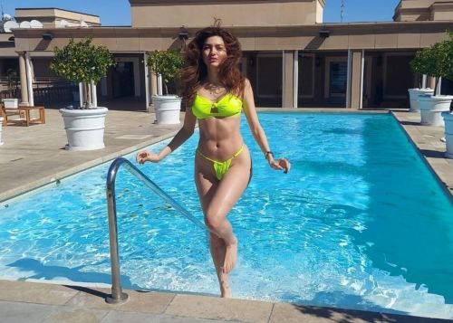 Blanca Blanco in Neon Green Bikini at a Pool in Beverly Hills 02/23/2021