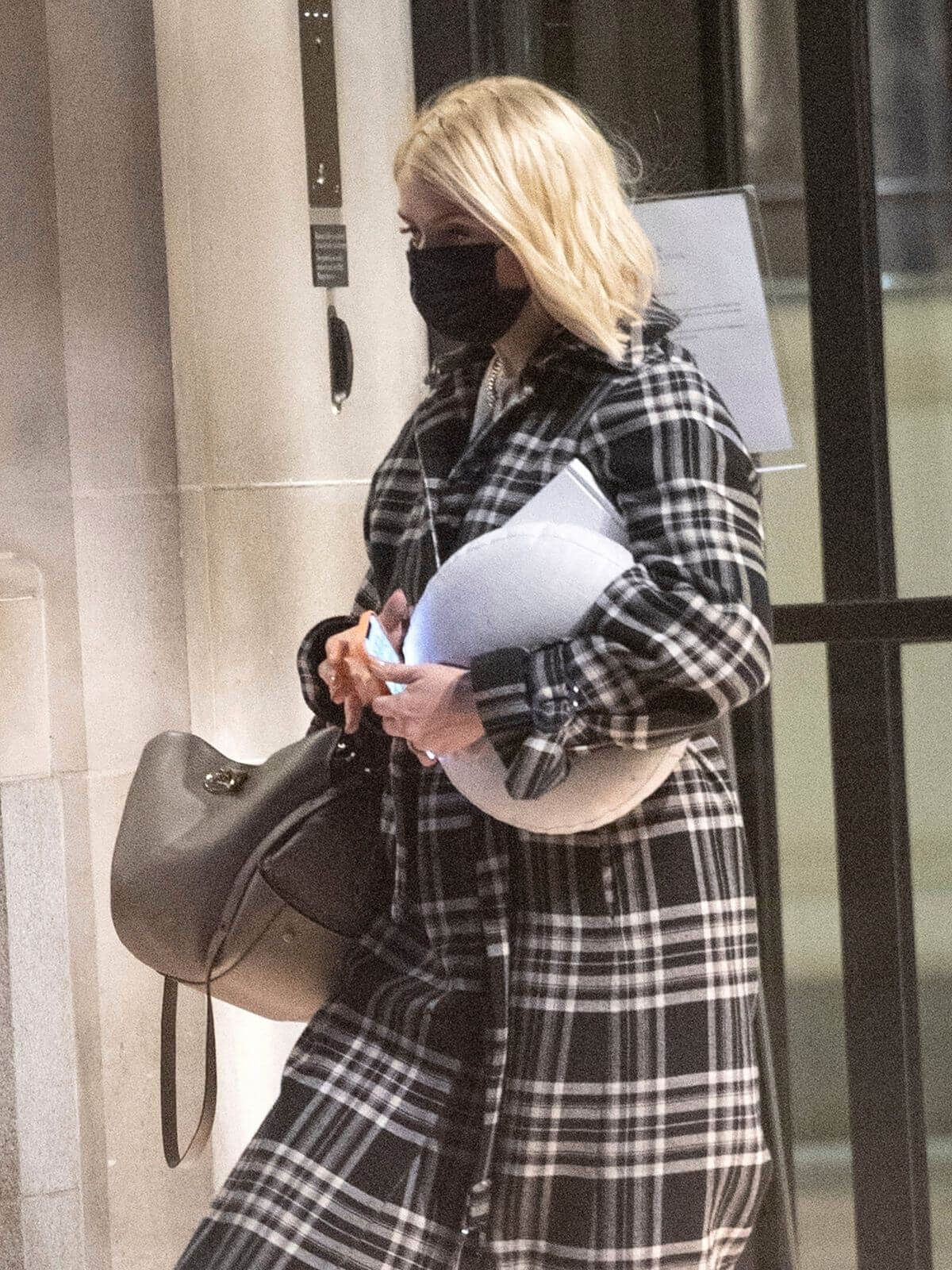 Holly Willoughby in Check Overcoat Leaves Corinthia Hotel 03/13/2021
