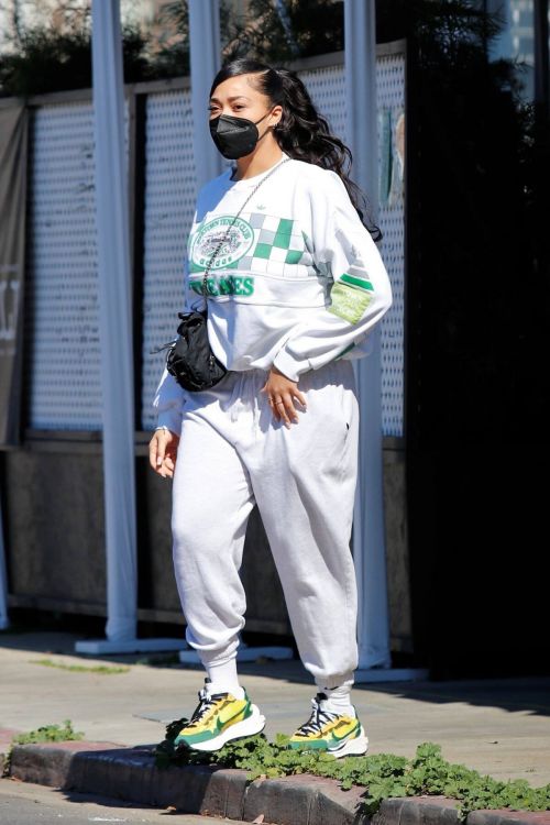 Jordyn Woods in White Comfy Outfit Out in Los Angeles 02/24/2021 1