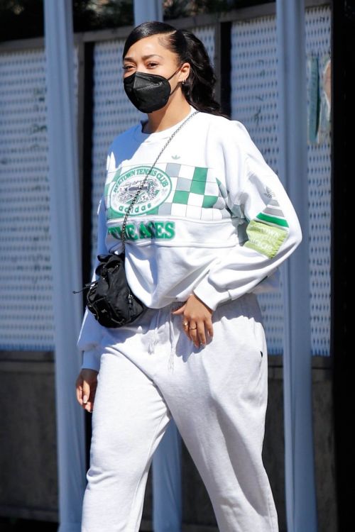 Jordyn Woods in White Comfy Outfit Out in Los Angeles 02/24/2021 2