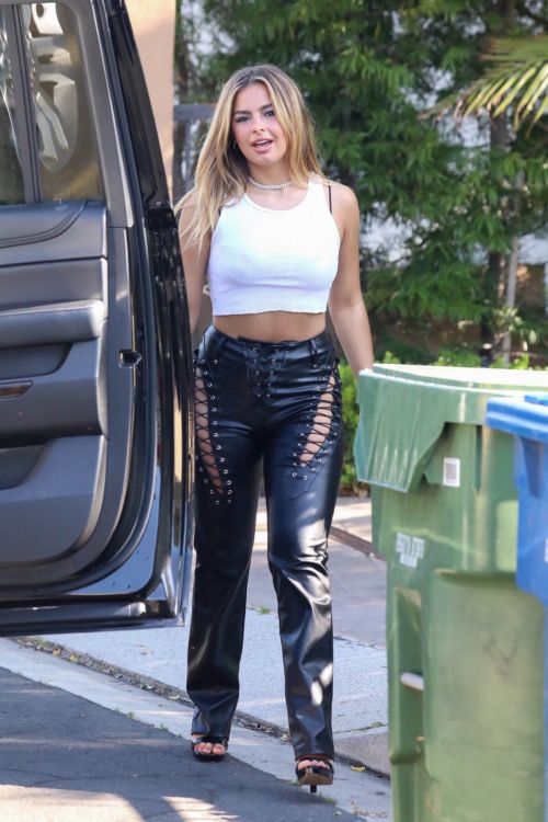 Addison Rae in White Crop Top and Leather Jeans at Staples Center in Los Angeles 06/30/2021 1