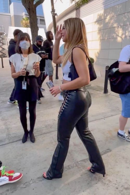 Addison Rae in White Crop Top and Leather Jeans at Staples Center in Los Angeles 06/30/2021 4