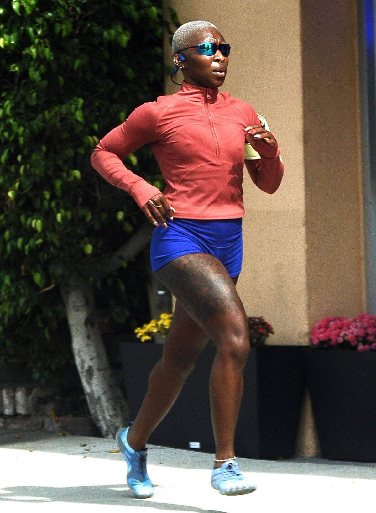 Cynthia Erivo during Jogging flashes toned legs in West Hollywood 06/29/2021