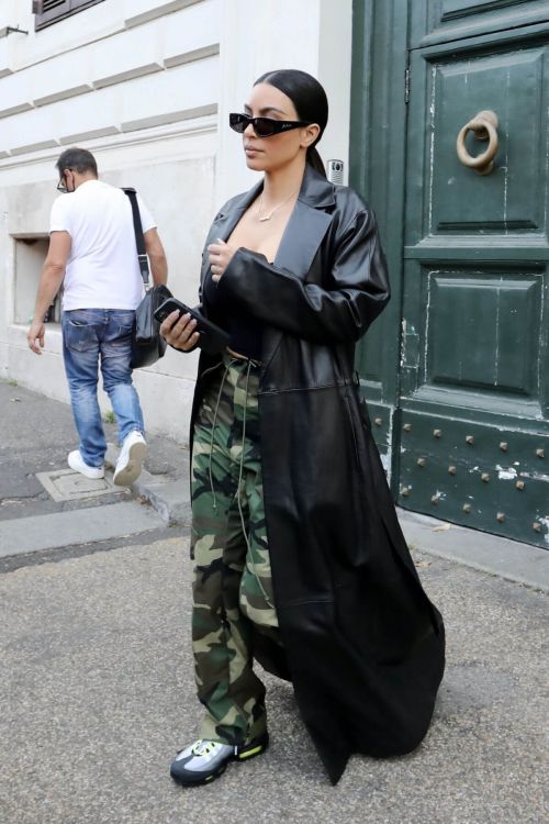 Kim Kardashian seen in Black Leather Coat during leaves her Hotel in Rome 06/30/2021