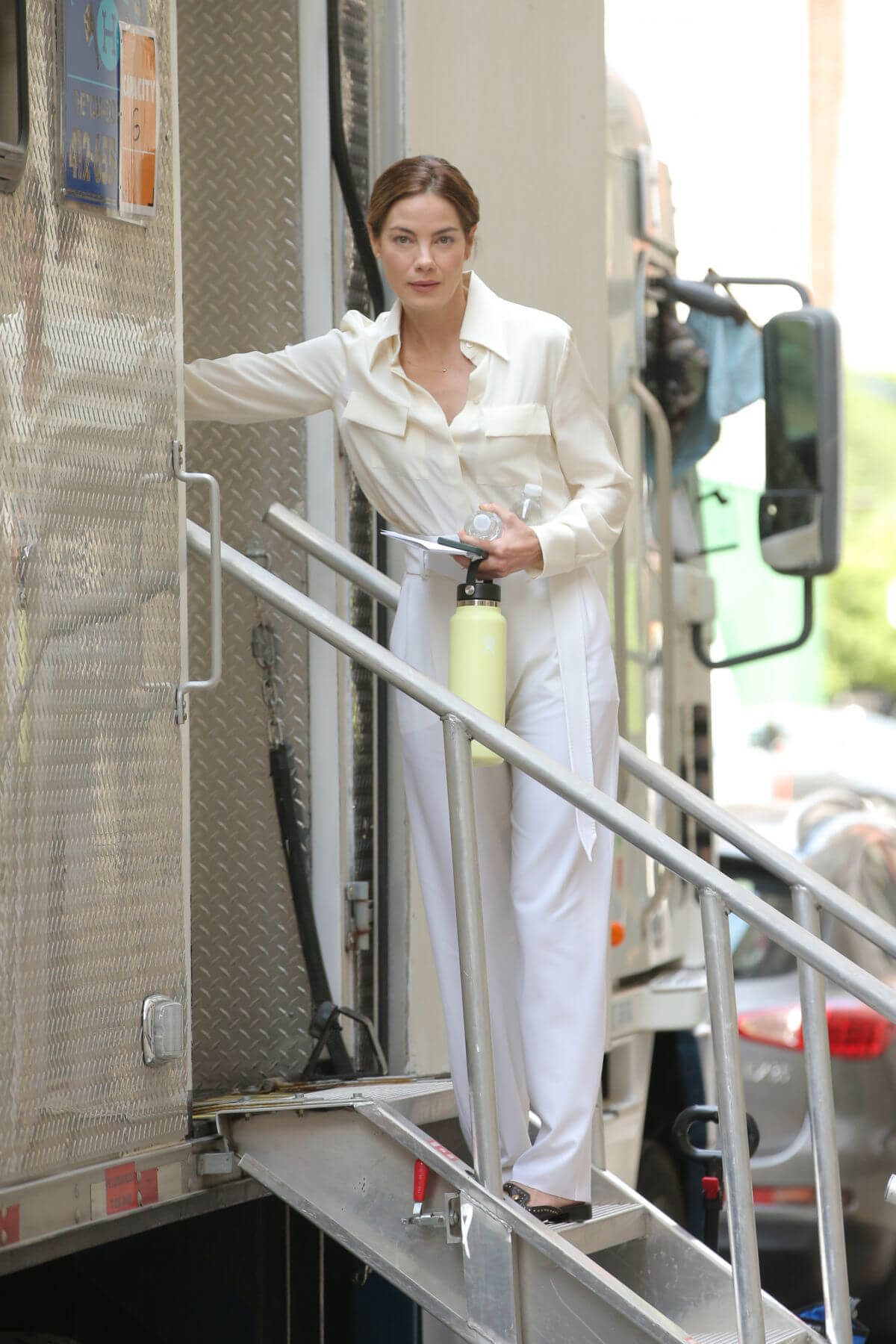 Michelle Monaghan in White Shirt and Pants on the Set of Nanny in New York 06/29/2021