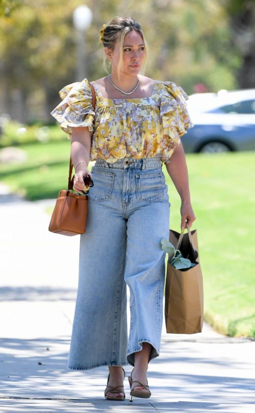 Hilary Duff in Floral Top and Blue Denim Out Shopping in Los Angeles 08/02/2021